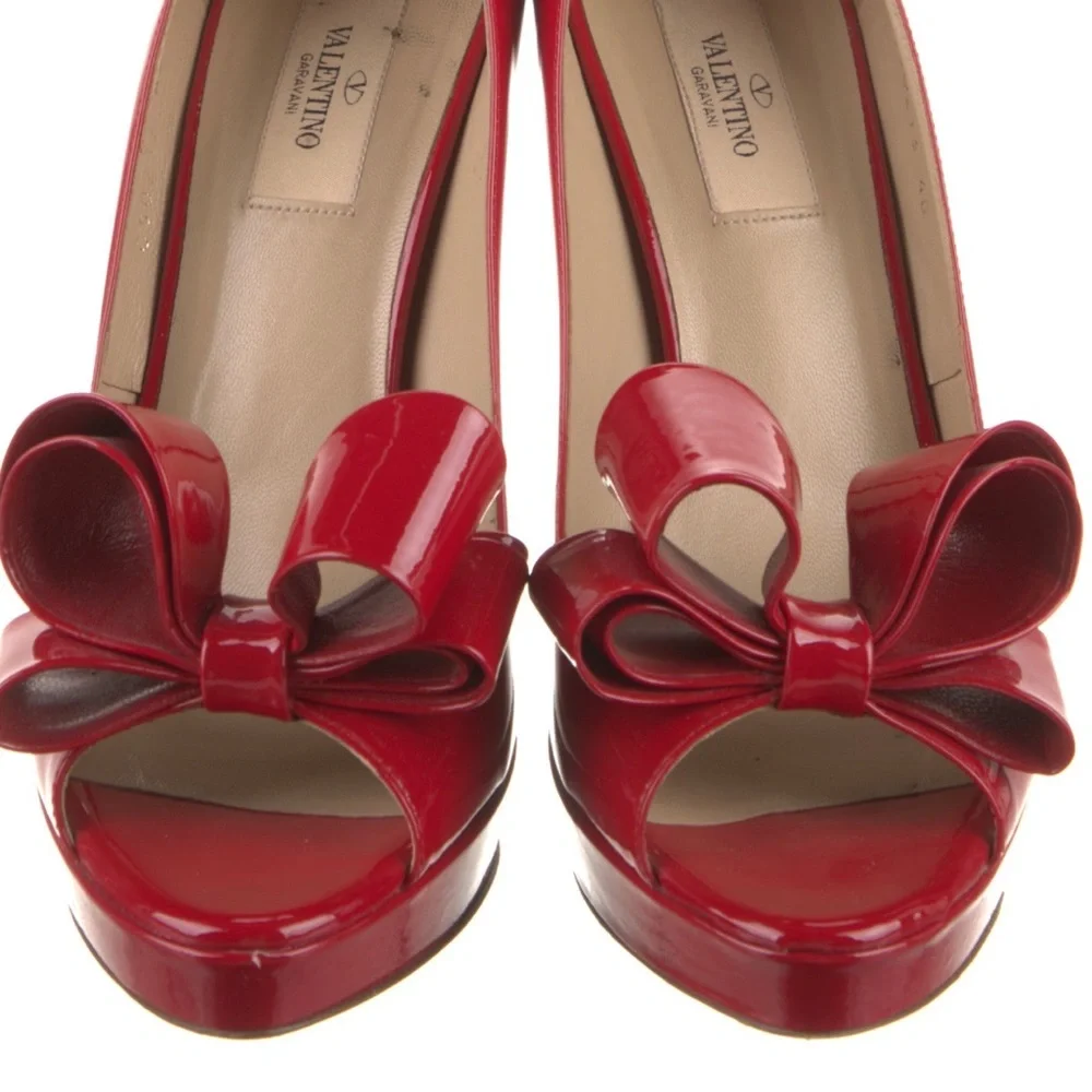 Valentino Garavani Red Patent Leather Bow Peep-Toe Stiletto Pumps